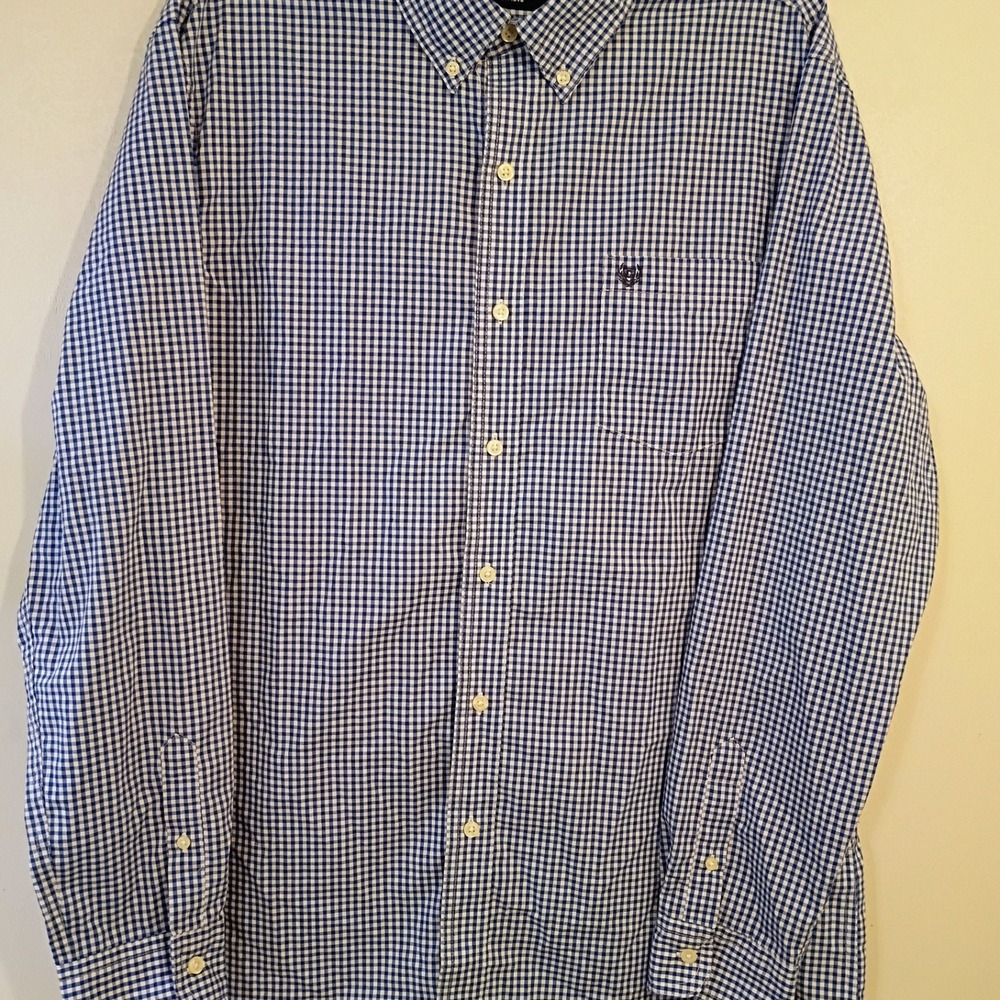 CHAPS Mens XL Blue Gingham Check Long Sleeve Button Down Shirt Natural Stretch